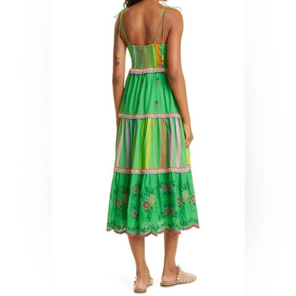 Farm Rio NWT Embroidered Tiered Dress Green Rainbow Stripe XS - Picture 4 of 8